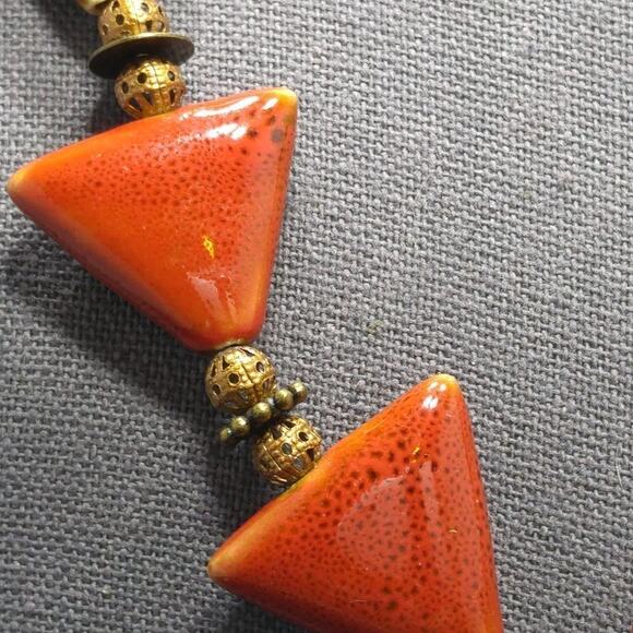Artisan Ceramic Triangle Bead Necklace Red Orange with Copper Filigree Accents - Picture 3 of 7
